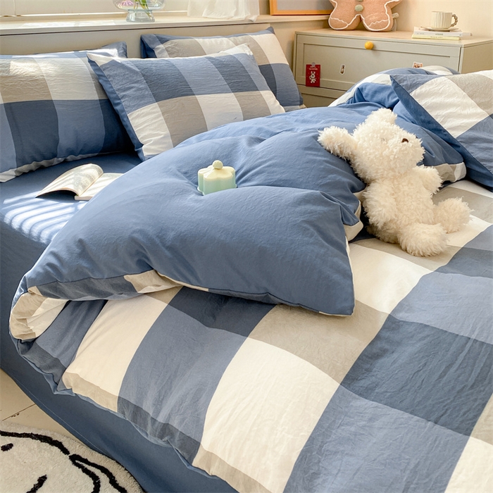 91家纺网 家纺一手货源 找家纺 盛秋家纺 2025新款亲肤格子水洗棉四件套 蓝大格+宾利蓝