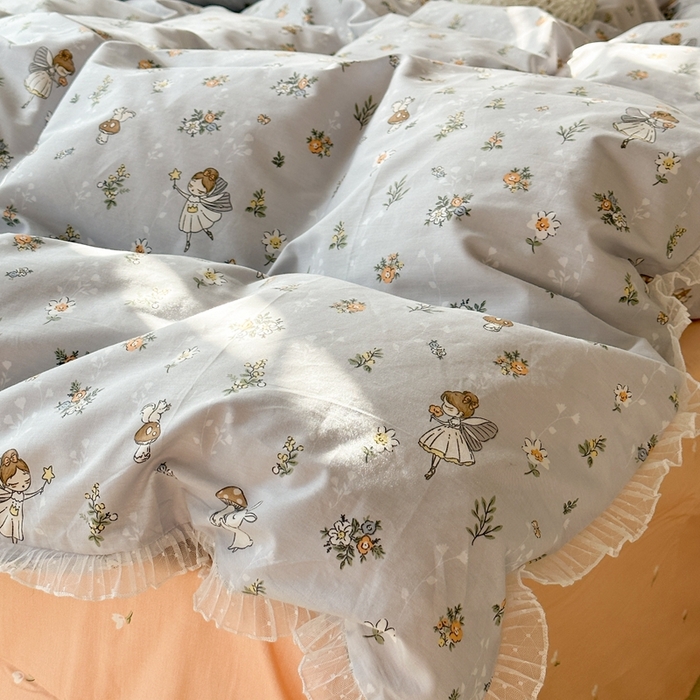 91家纺网 家纺一手货源 找家纺 昔可家纺 2024新款全棉仙仙雪纺纱花边四件套 小仙女