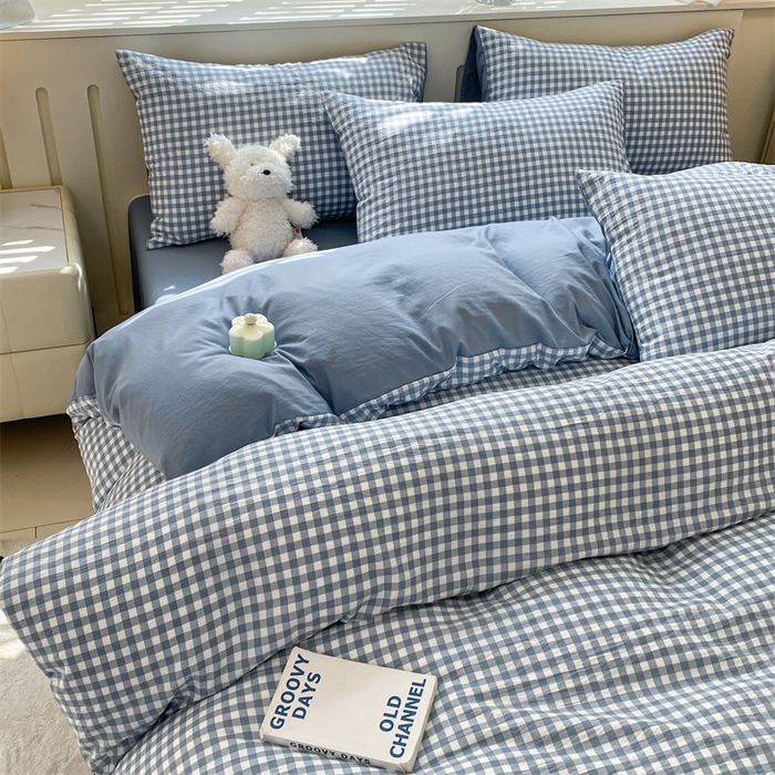 91家纺网 家纺一手货源 找家纺 盛秋家纺 2025新款亲肤格子水洗棉四件套 蓝小格+蓝灰