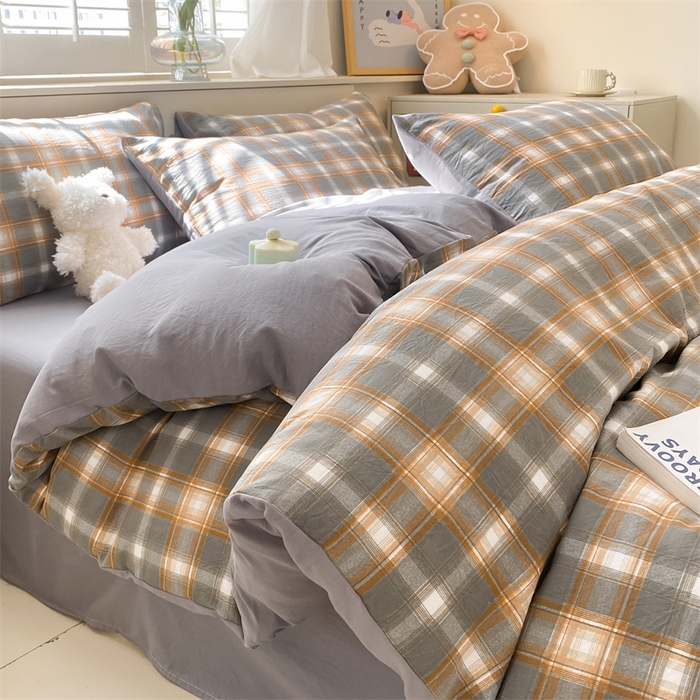 91家纺网 家纺一手货源 找家纺 盛秋家纺 2025新款亲肤格子水洗棉四件套 洛卡+中灰