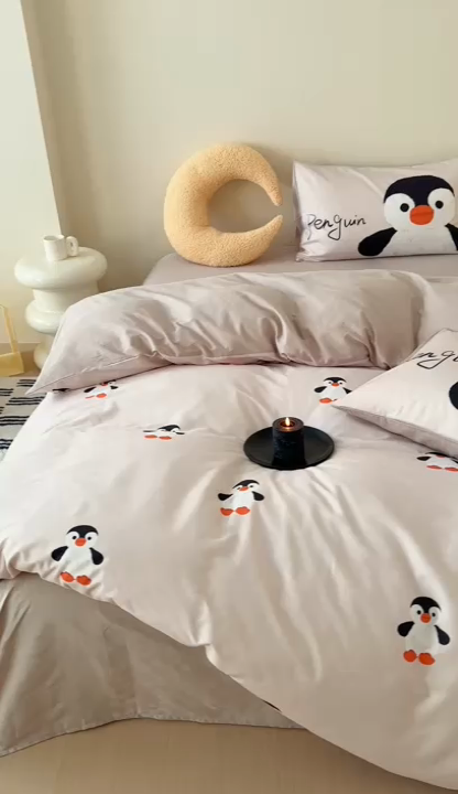 91家纺网 家纺一手货源 找家纺 美乐迪家纺 2024ins韩风全棉四件套 小企鹅