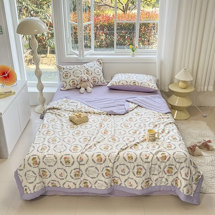 安哆啦家纺 2024新款A类泡泡棉印花夏被四件套 圈圈熊