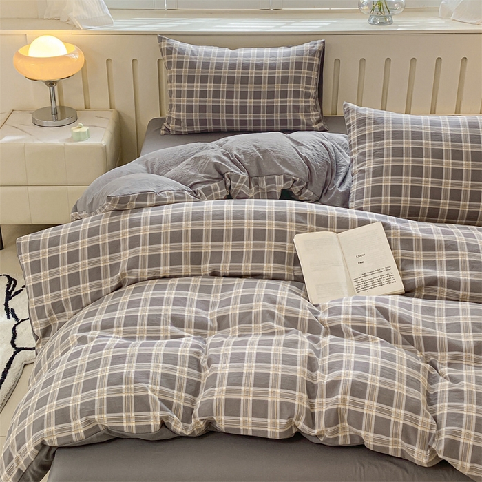 91家纺网 家纺一手货源 找家纺 盛秋家纺 2025新款亲肤格子水洗棉四件套 保罗+中灰