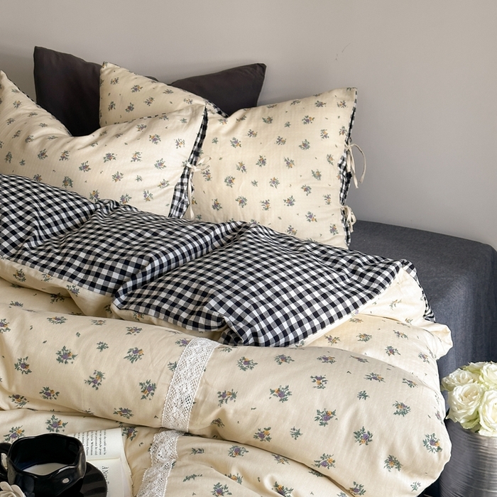 91家纺网 家纺一手货源 找家纺 旷野 2024双层纱碎花蕾丝拼接款四件套--柏林花事 柏林花事-黑