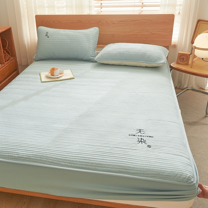 91家纺网 家纺一手货源 找家纺 鹿辉家居（原吉欧力） 2024新款无染刺绣夹棉床笠 无染浅绿