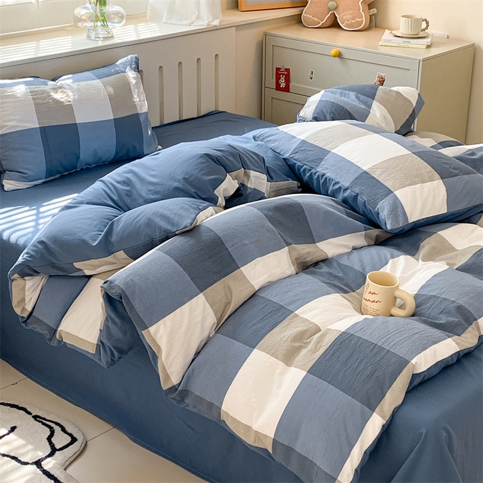 91家纺网 家纺一手货源 找家纺 盛秋家纺 2025新款亲肤格子水洗棉四件套 蓝大格+宾利蓝