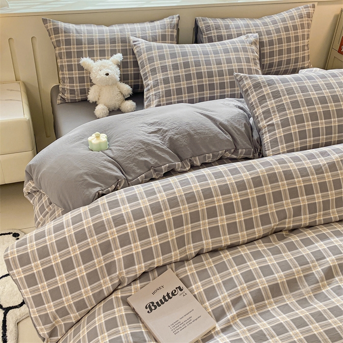 91家纺网 家纺一手货源 找家纺 盛秋家纺 2025新款亲肤格子水洗棉四件套 保罗+中灰