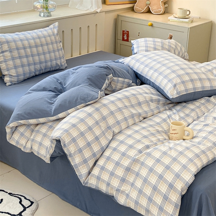 91家纺网 家纺一手货源 找家纺 盛秋家纺 2025新款亲肤格子水洗棉四件套 博克+蓝灰