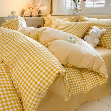 91家纺网 家纺一手货源 找家纺 （总）盛秋家纺 2025新款亲肤格子水洗棉条纹格子四件套【简约风】