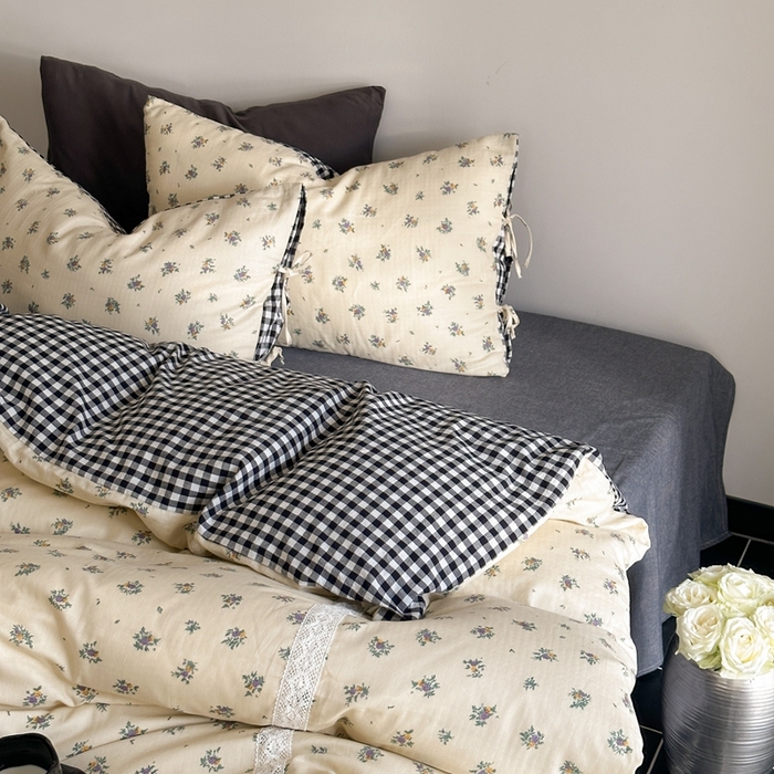 91家纺网 家纺一手货源 找家纺 旷野 2024双层纱碎花蕾丝拼接款四件套--柏林花事 柏林花事-黑