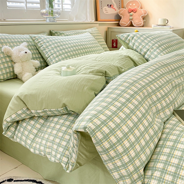 91家纺网 家纺一手货源 找家纺 盛秋家纺 2025新款亲肤格子水洗棉四件套 抹茶+果绿