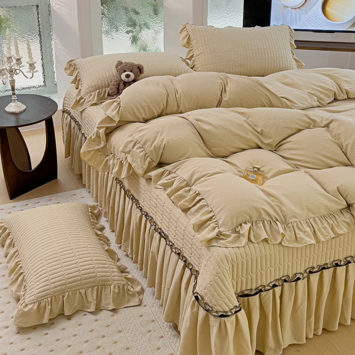 91家纺网 家纺一手货源 找家纺 言熙居家纺 2024新款亲肤床盖四件套-浪漫之约 浪漫之约卡其