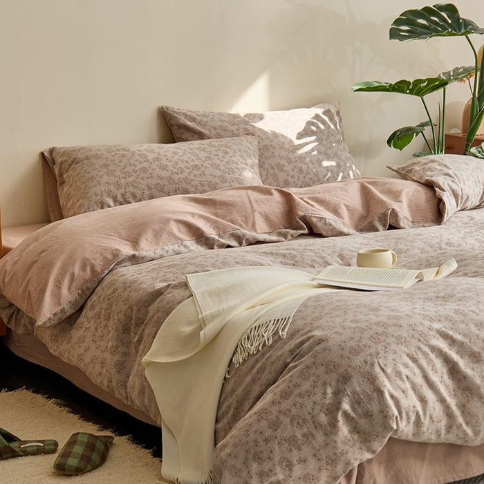 91家纺网 家纺一手货源 找家纺 原研家居 2024新款水洗棉提花系列四件套 繁花-咖