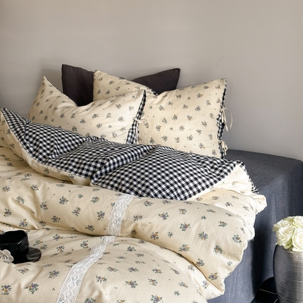 91家纺网 家纺一手货源 找家纺 （总）旷野 2024双层纱碎花蕾丝拼接款四件套--柏林花事