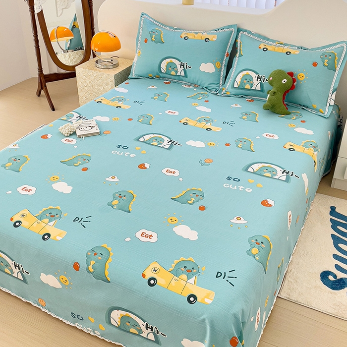 91家纺网 家纺一手货源 找家纺 鸿羽樱 2024新款鱼骨棉老粗布凉席三件套 恐龙日记