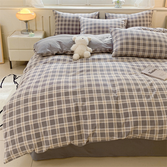 91家纺网 家纺一手货源 找家纺 盛秋家纺 2025新款亲肤格子水洗棉四件套 保罗+中灰