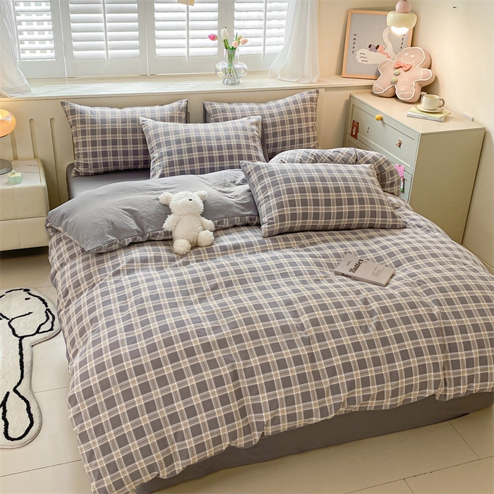 91家纺网 家纺一手货源 找家纺 盛秋家纺 2025新款亲肤格子水洗棉四件套 保罗+中灰