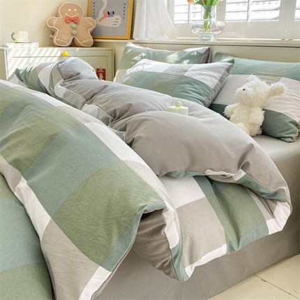 91家纺网 家纺一手货源 找家纺 （总）盛秋家纺 2025新款亲肤格子水洗棉条纹格子四件套【简约风】