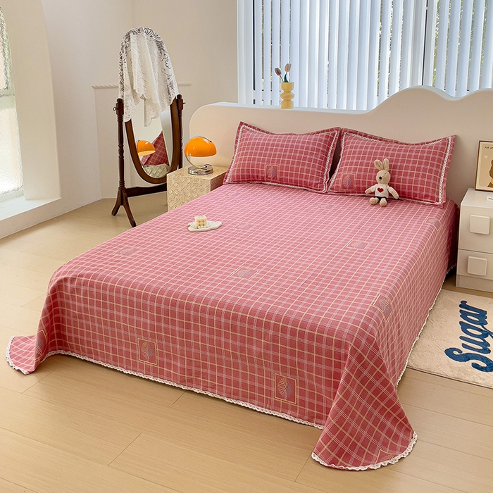 91家纺网 家纺一手货源 找家纺 鸿羽樱 2024新款鱼骨棉老粗布凉席三件套 格韵-粉