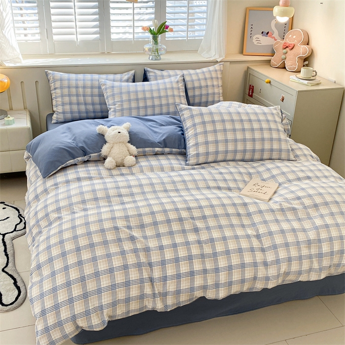 91家纺网 家纺一手货源 找家纺 盛秋家纺 2025新款亲肤格子水洗棉四件套 博克+蓝灰