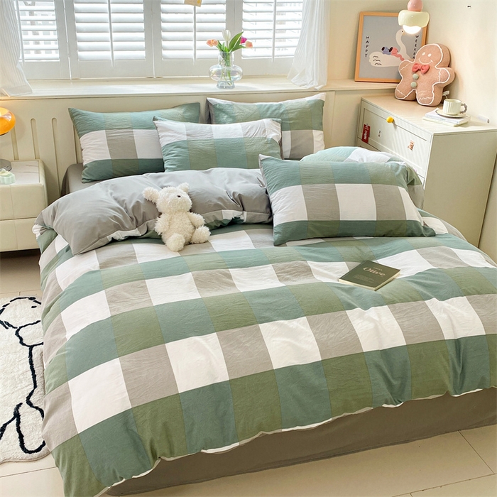 91家纺网 家纺一手货源 找家纺 盛秋家纺 2025新款亲肤格子水洗棉四件套 绿大格+明灰