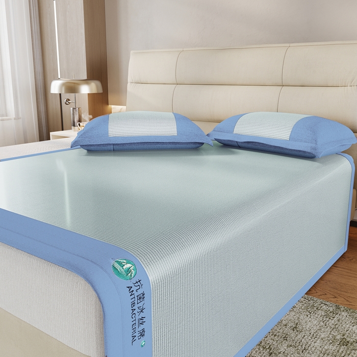 91家纺网 家纺一手货源 找家纺 江山被业 2025新款刺绣绣花冰丝凉席三件套 蓝