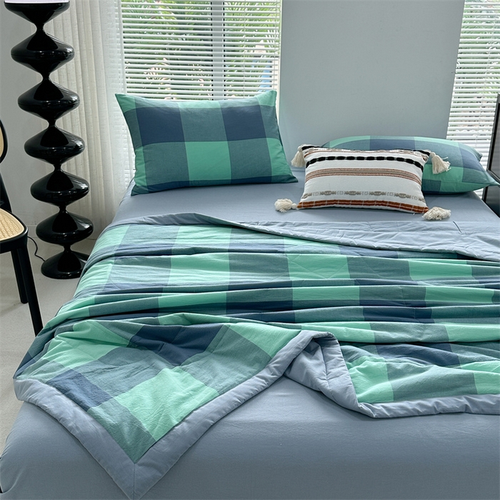 91家纺网 家纺一手货源 找家纺 价格下调三沁2025最新A类大豆纤维全棉色织水洗棉夏被四件套夏凉被空调被子无印良品 雅典绿大格