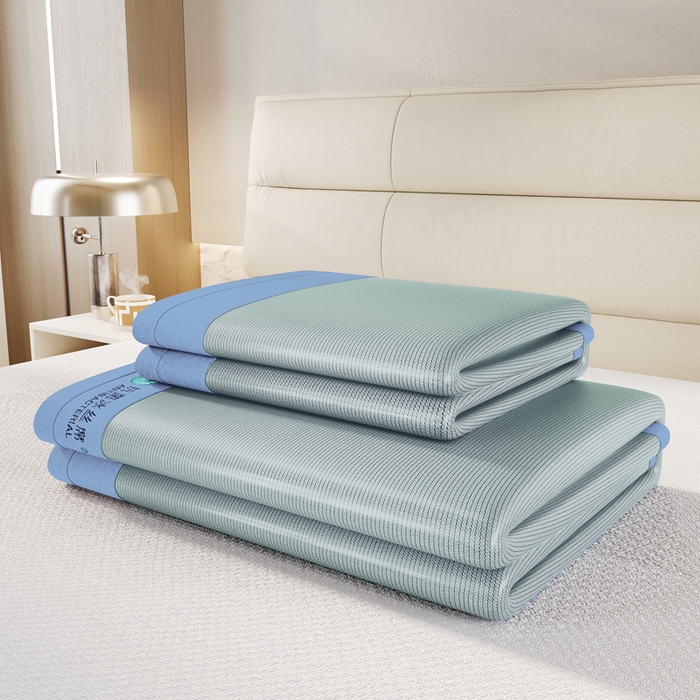 91家纺网 家纺一手货源 找家纺 江山被业 2025新款刺绣绣花冰丝凉席三件套 蓝