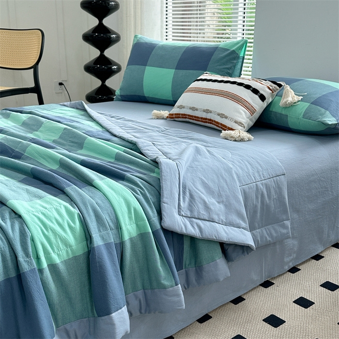 91家纺网 家纺一手货源 找家纺 价格下调三沁2025最新A类大豆纤维全棉色织水洗棉夏被四件套夏凉被空调被子无印良品 雅典绿大格