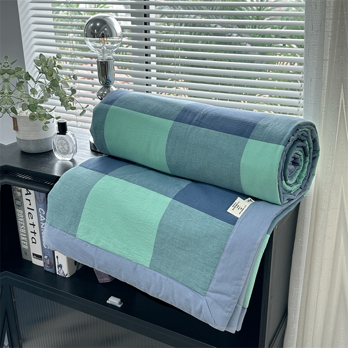 91家纺网 家纺一手货源 找家纺 价格下调三沁2025最新A类大豆纤维全棉色织水洗棉夏被四件套夏凉被空调被子无印良品 雅典绿大格