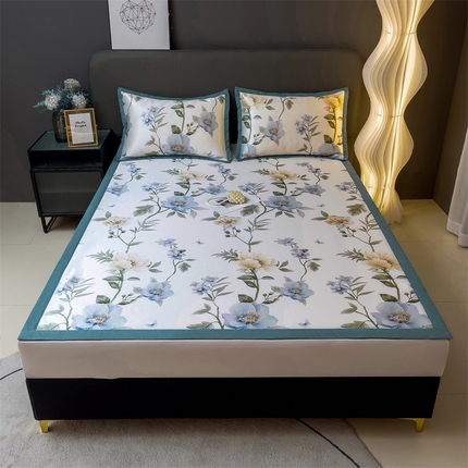 91家纺网 家纺一手货源 找家纺 兄弟坊 2025新款新中式花卉印花冰丝席 米罗的春天