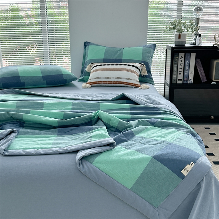 91家纺网 家纺一手货源 找家纺 价格下调三沁2025最新A类大豆纤维全棉色织水洗棉夏被四件套夏凉被空调被子无印良品 雅典绿大格