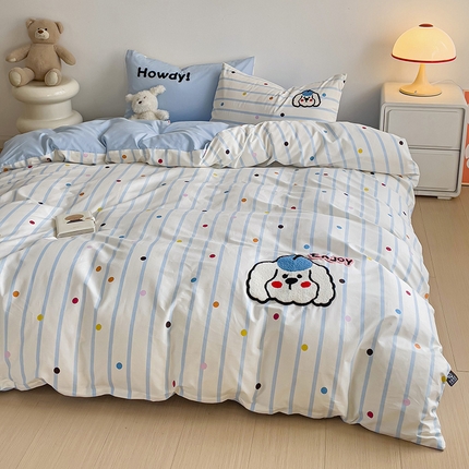 91家纺网 家纺一手货源 找家纺 乐童家纺 2024爆款全棉1332呆萌小刺绣系列四件套 蓝帽狗