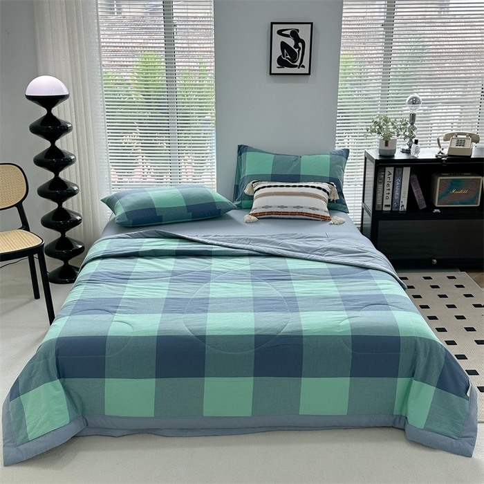 91家纺网 家纺一手货源 找家纺 价格下调三沁2025最新A类大豆纤维全棉色织水洗棉夏被四件套夏凉被空调被子无印良品 雅典绿大格