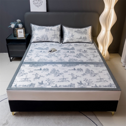 91家纺网 家纺一手货源 找家纺 兄弟坊 2025新款新中式花卉印花冰丝席 山水画