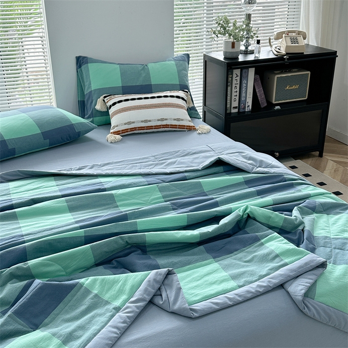 91家纺网 家纺一手货源 找家纺 价格下调三沁2025最新A类大豆纤维全棉色织水洗棉夏被四件套夏凉被空调被子无印良品 雅典绿大格