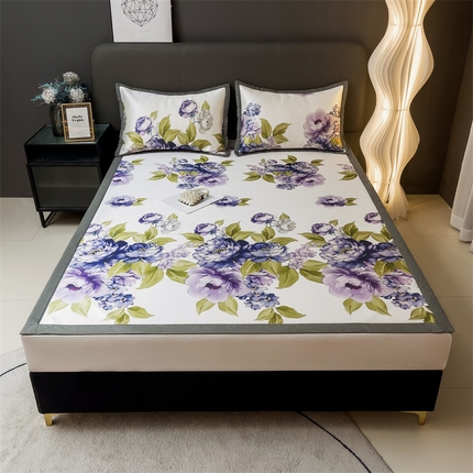 91家纺网 家纺一手货源 找家纺 兄弟坊 2025新款新中式花卉印花冰丝席 如花似锦