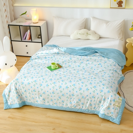 91家纺网 家纺一手货源 找家纺 江山被业 2025新款水洗棉麻双层纱大豆夏凉被  兰花朵朵