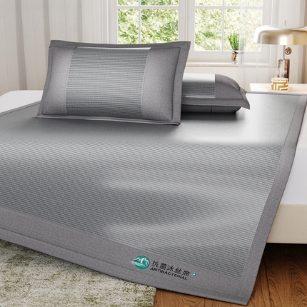 91家纺网 家纺一手货源 找家纺 江山被业 2025新款刺绣绣花冰丝凉席三件套 灰