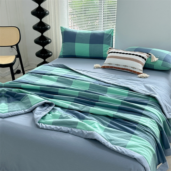 91家纺网 家纺一手货源 找家纺 价格下调三沁2025最新A类大豆纤维全棉色织水洗棉夏被四件套夏凉被空调被子无印良品 雅典绿大格