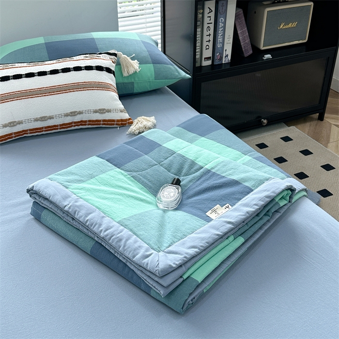 91家纺网 家纺一手货源 找家纺 价格下调三沁2025最新A类大豆纤维全棉色织水洗棉夏被四件套夏凉被空调被子无印良品 雅典绿大格