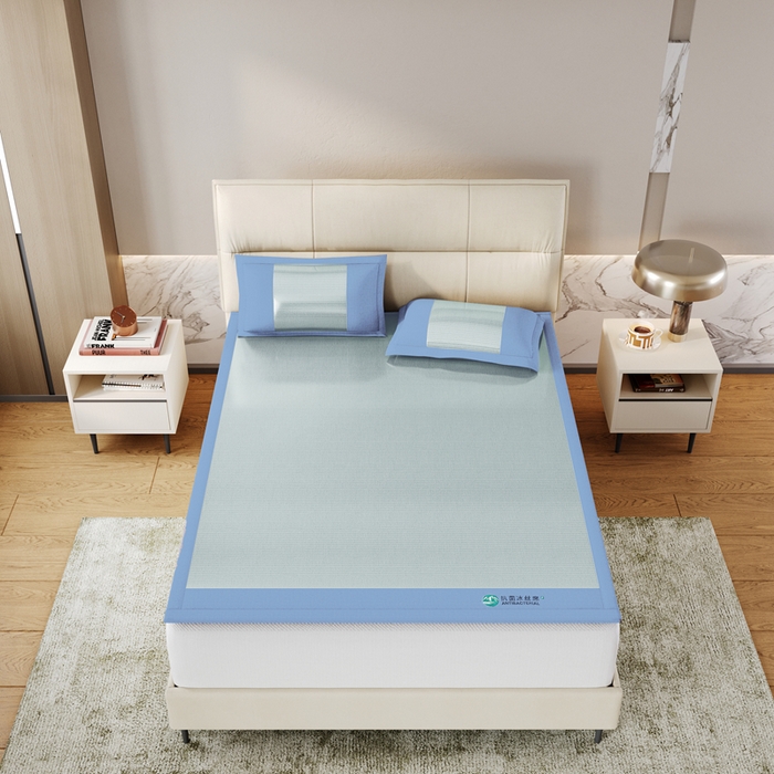 91家纺网 家纺一手货源 找家纺 江山被业 2025新款刺绣绣花冰丝凉席三件套 蓝