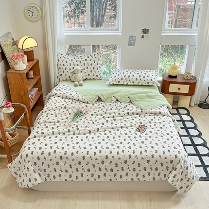 吉祥家纺 2024新款华夫格夏被床笠四件套 花团锦簇 米