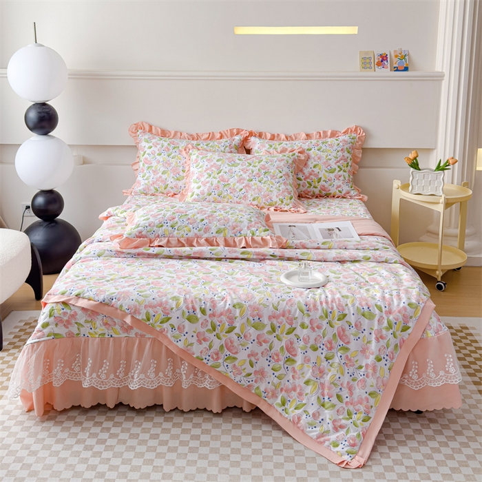 91家纺网 家纺一手货源 找家纺 金米诺 2024新款水洗棉花边夏被四件套 浅夏田园