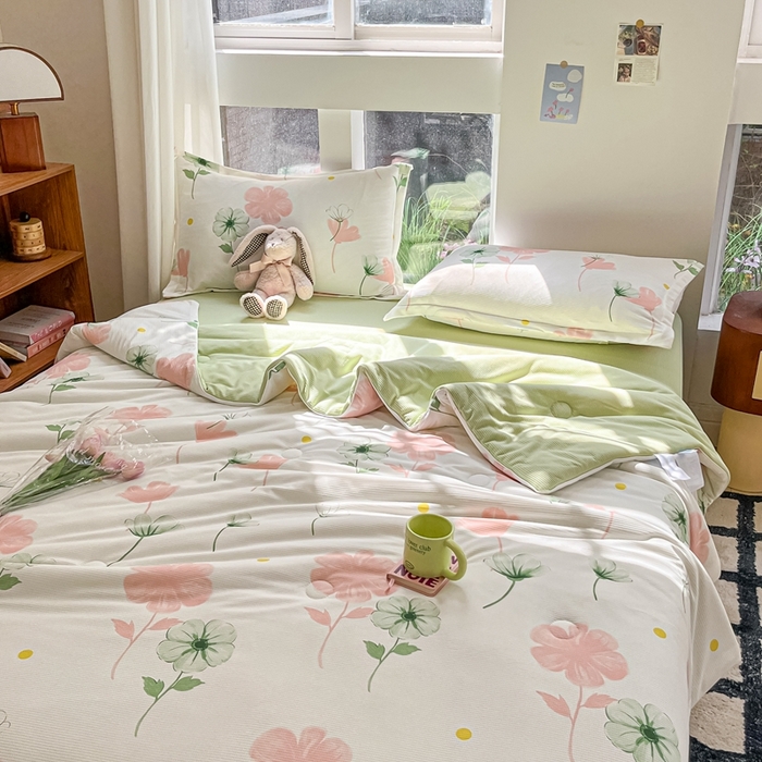 91家纺网 家纺一手货源 找家纺 吉祥家纺 2024新款华夫格夏被床笠四件套 微微南风 粉