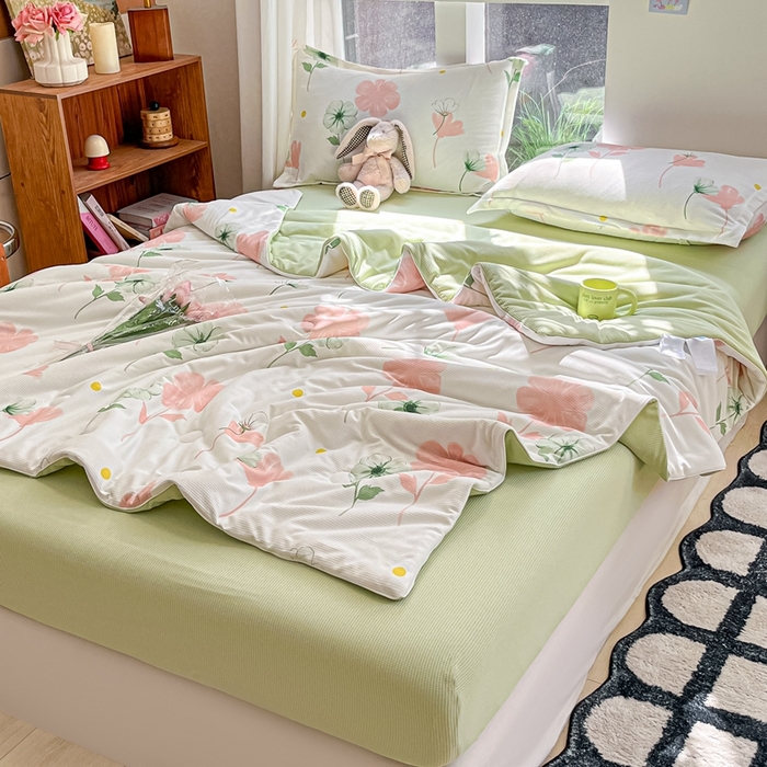 91家纺网 家纺一手货源 找家纺 吉祥家纺 2024新款华夫格夏被床笠四件套 微微南风 粉