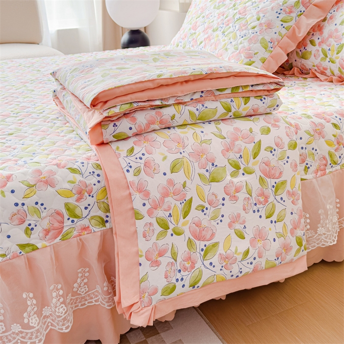 91家纺网 家纺一手货源 找家纺 金米诺 2024新款水洗棉花边夏被四件套 浅夏田园