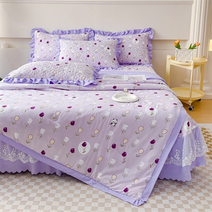 91家纺网 家纺一手货源 找家纺 金米诺 2024新款水洗棉花边夏被四件套 熊宝