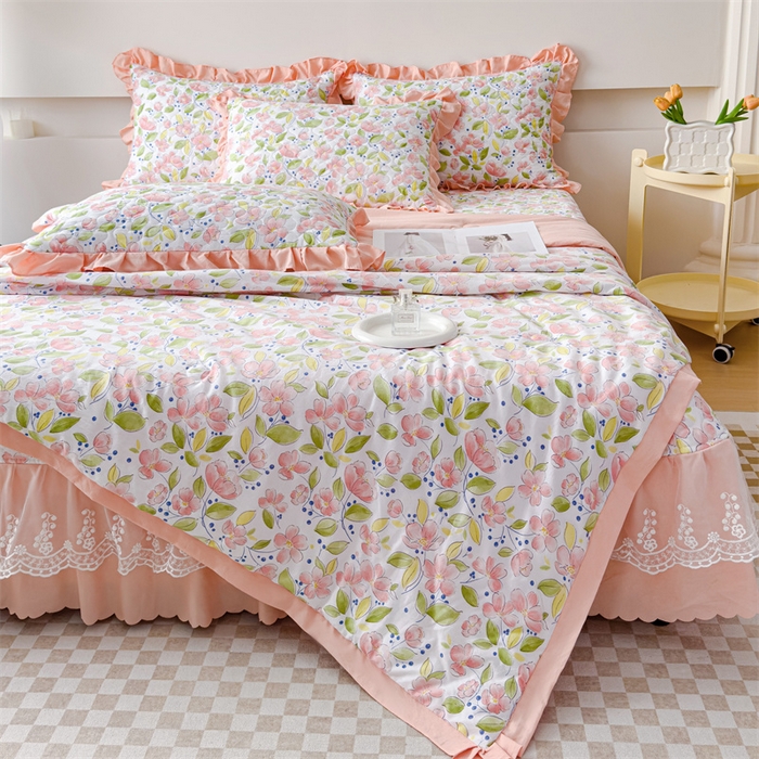 91家纺网 家纺一手货源 找家纺 金米诺 2024新款水洗棉花边夏被四件套 浅夏田园