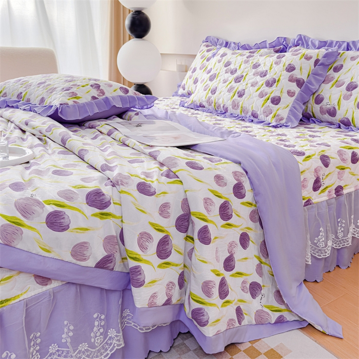 91家纺网 家纺一手货源 找家纺 金米诺 2024新款水洗棉花边夏被四件套 束语花香